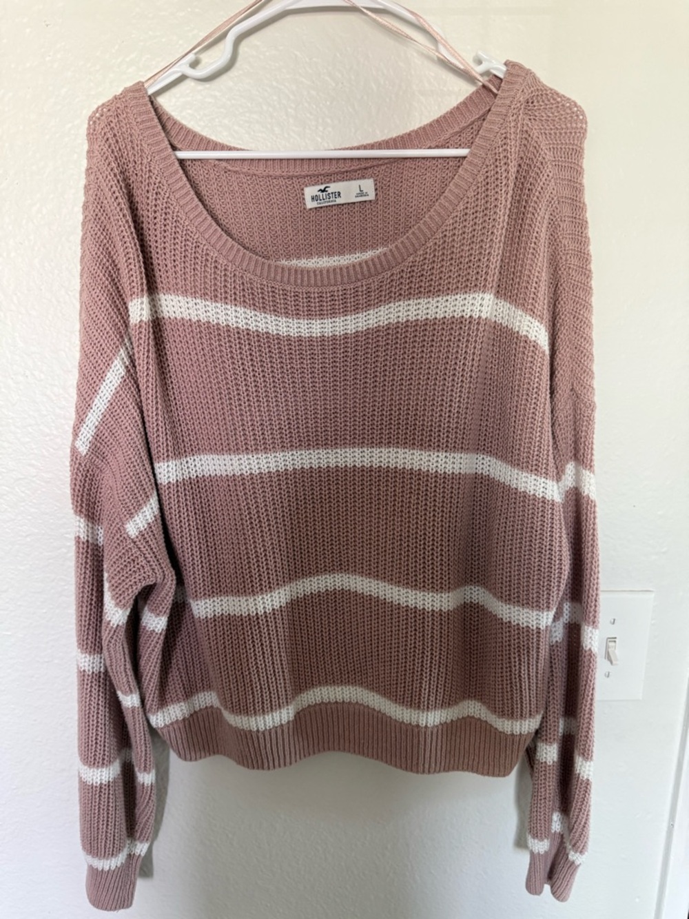 Hollister Dusty Rose & White Striped Scoop Neck Sweater